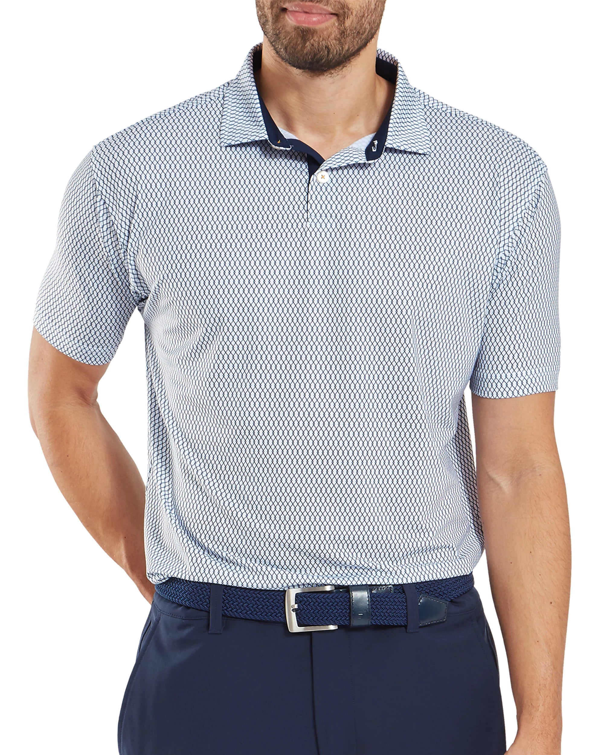 FootJoy Irongate Print Lisle Golf Polo Shirt - White/Navy FootJoy Irongate Print Lisle Golf Polo Shirt - White/Navy